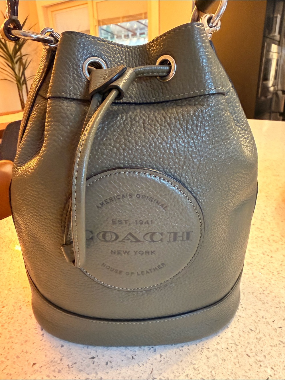 Coach Olive Green Pebbled Leather Drawstring Bucket Bag